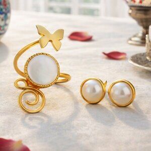 Turkish Artisan 24K Gold Plated & Pearl Ring + Earrings Set 🌟 Adjustable